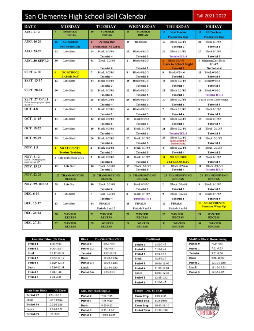 Bell Schedule Spring 2022